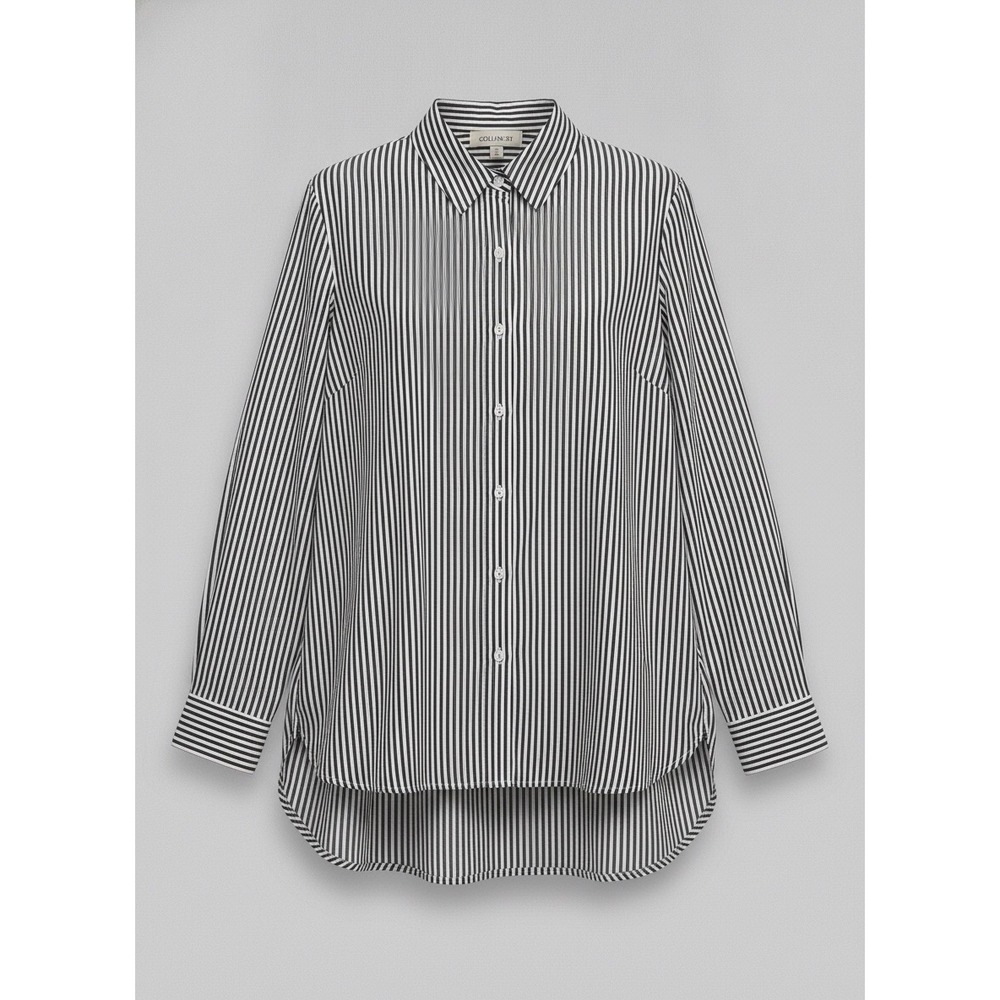 Calvin Klein Black White Striped Button Down Shirt‎ High Low Hem Long Sleeve